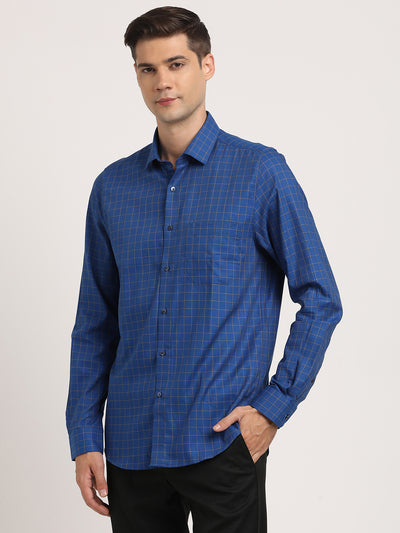 100% Cotton Blue Checkered Slim Fit Full Sleeve Formal Shirt