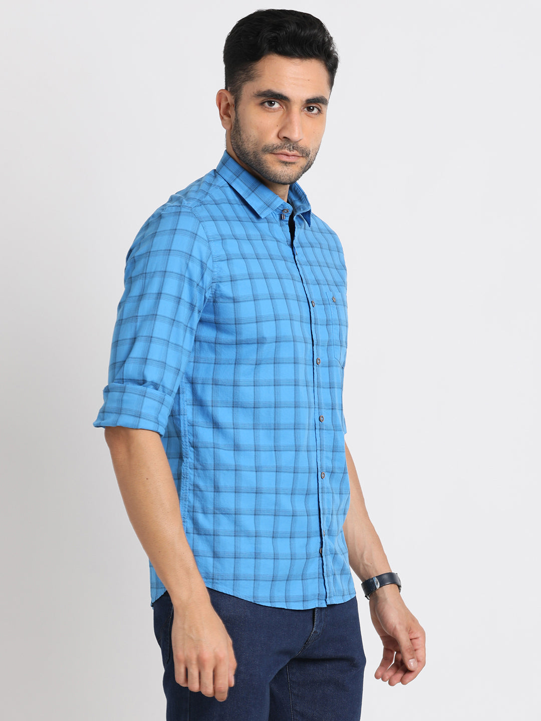 100% Cotton Sky Blue Checkered Slim Fit Full Sleeve Casual Shirt