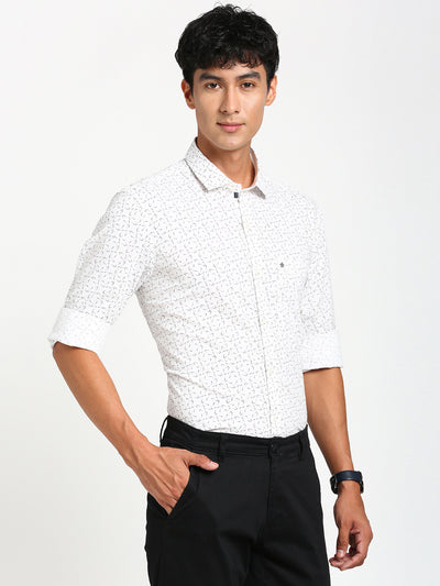 100% Cotton White Printed Slim Fit Full Sleeve Casual Shirt