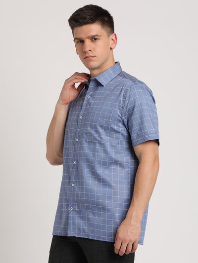 100% Cotton Light Blue Checkered Regular Fit Half Sleeve Formal Shirt