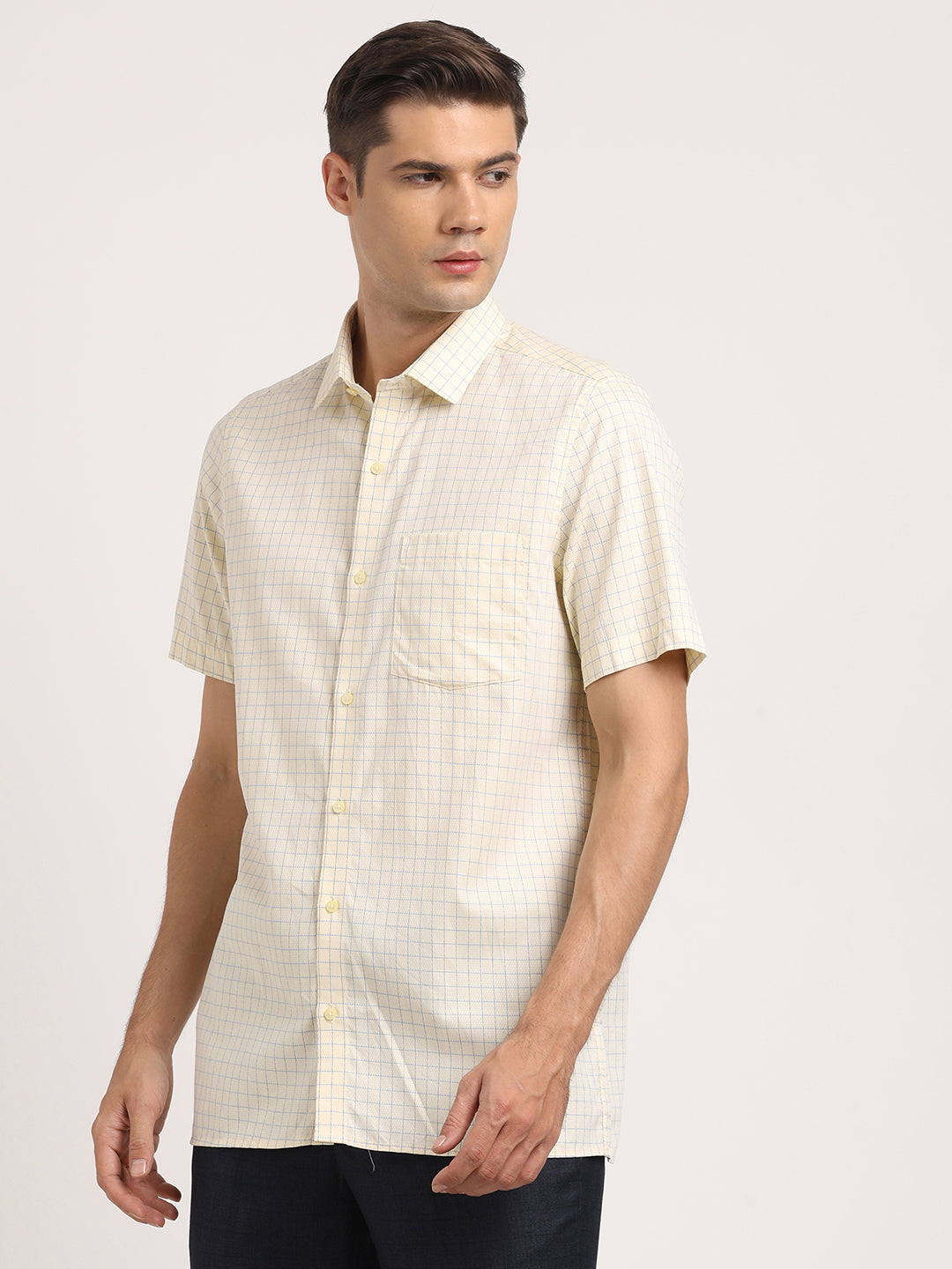 100% Cotton Lemon Checkered Regular Fit Half Sleeve Formal Shirt
