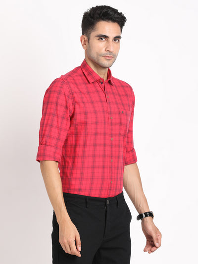 100% Cotton Red Checkered Slim Fit Full Sleeve Casual Shirt