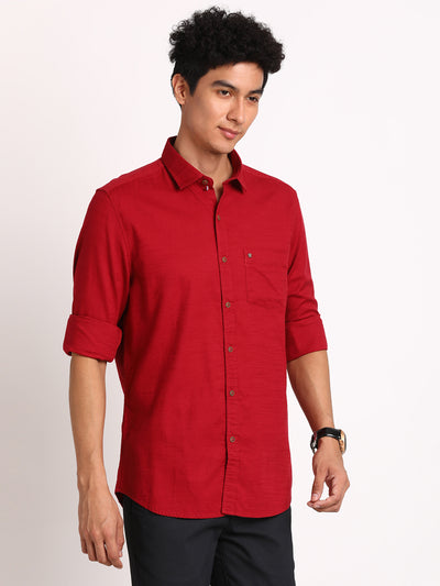 100% Cotton Red Plain Slim Fit Full Sleeve Casual Shirt