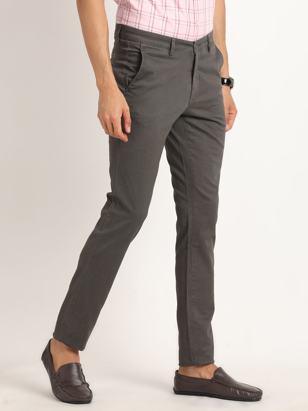 Cotton Stretch Dark Grey Dobby Narrow Fit Flat Front Casual Trouser