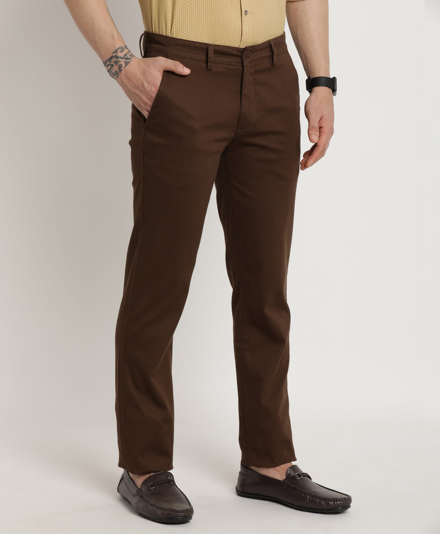 Cotton Stretch Brown Dobby Ultra Slim Fit Flat Front Casual Trouser