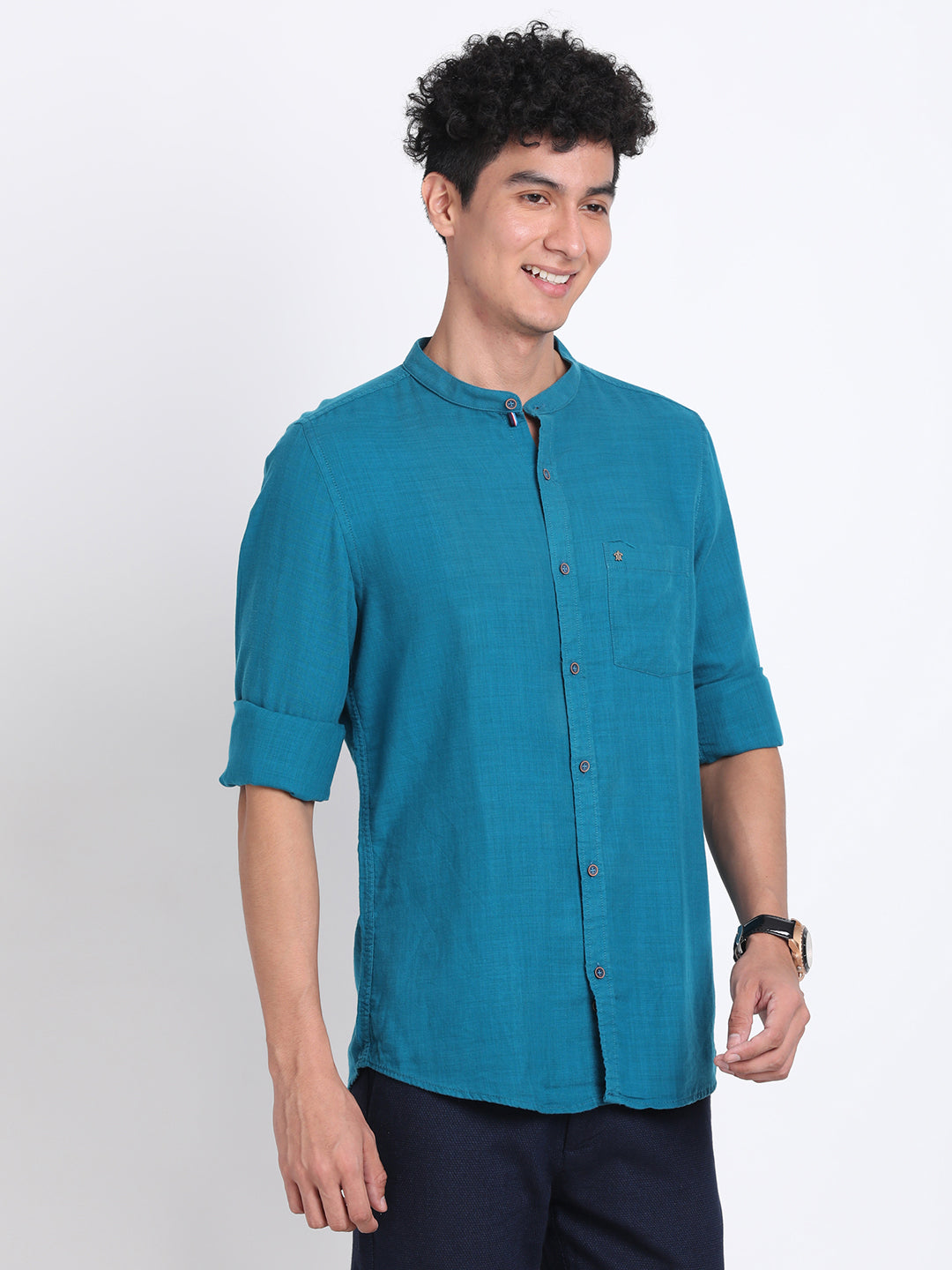 Cotton Lyocell Teal Blue Plain Slim Fit Full Sleeve Casual Shirt