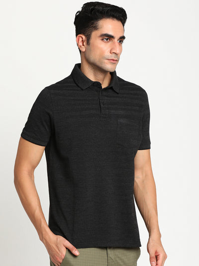 100% Cotton Charcoal Dobby Polo Neck Half Sleeve Casual T-Shirt