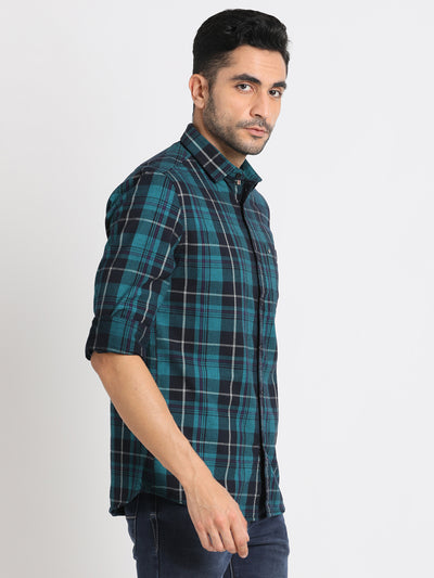 Cord Dark Blue Checkered Slim Fit Full Sleeve Casual Shirt