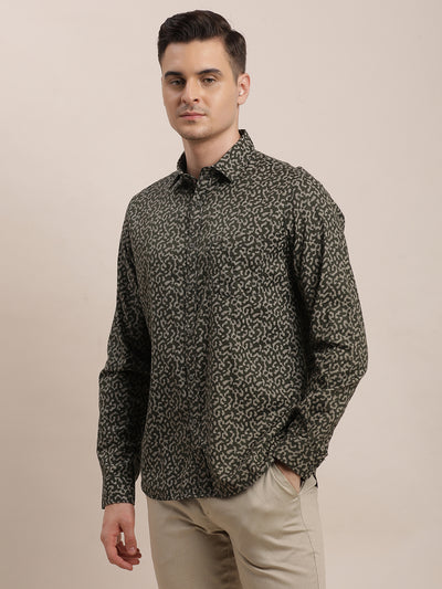 100% Cotton Dark Green Printed Slim Fit Full Sleeve Casual Shirt