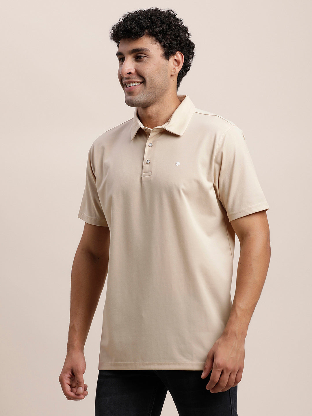 Cotton Plain Beige Polo Neck T-Shirt