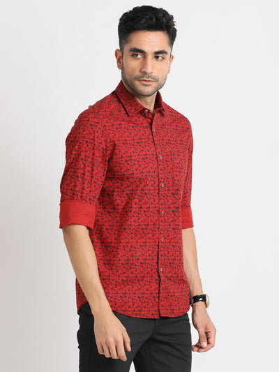 100% Cotton Red Printed Slim Fit Full Sleeve Casual Shirt