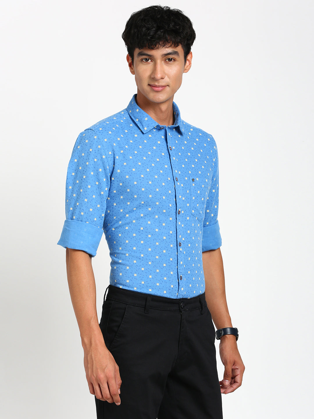 Cotton Linen Blue Printed Slim Fit Full Sleeve Casual Shirt