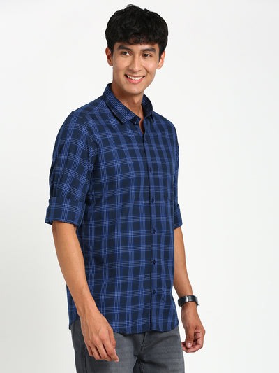 100% Cotton Navy Blue Checkered Slim Fit Full Sleeve Casual Shirt