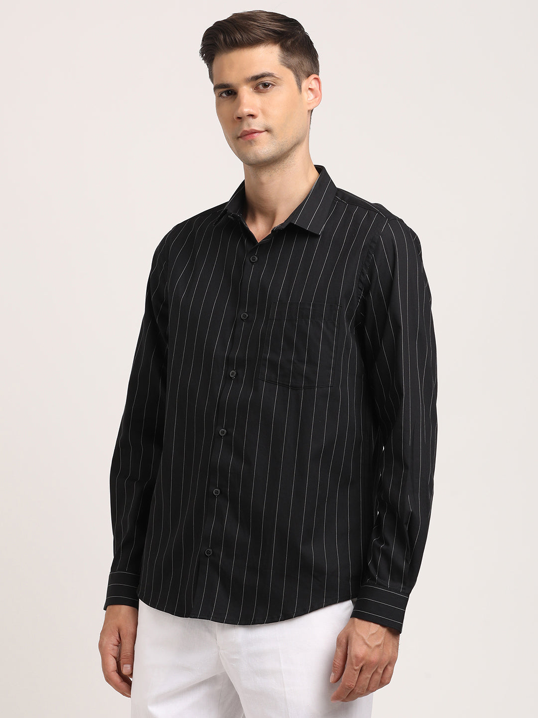 100% Cotton Black Striped Slim Fit Full Sleeve Formal Shirt