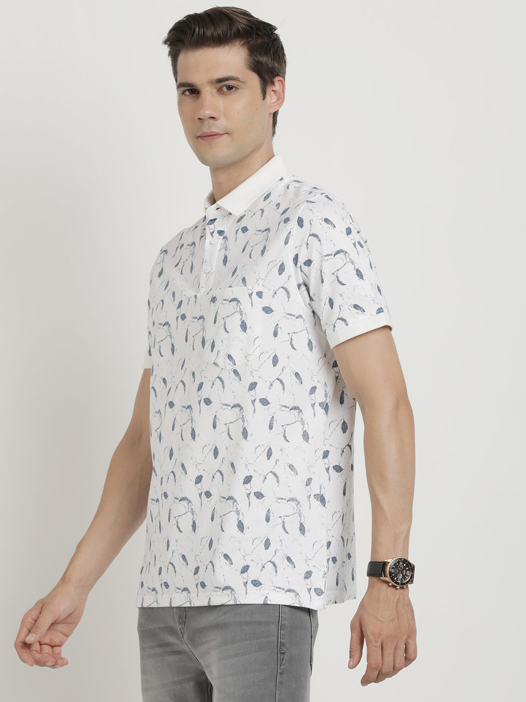 Poly Cotton Stretch White Printed Polo Neck Half Sleeve Casual T-Shirt