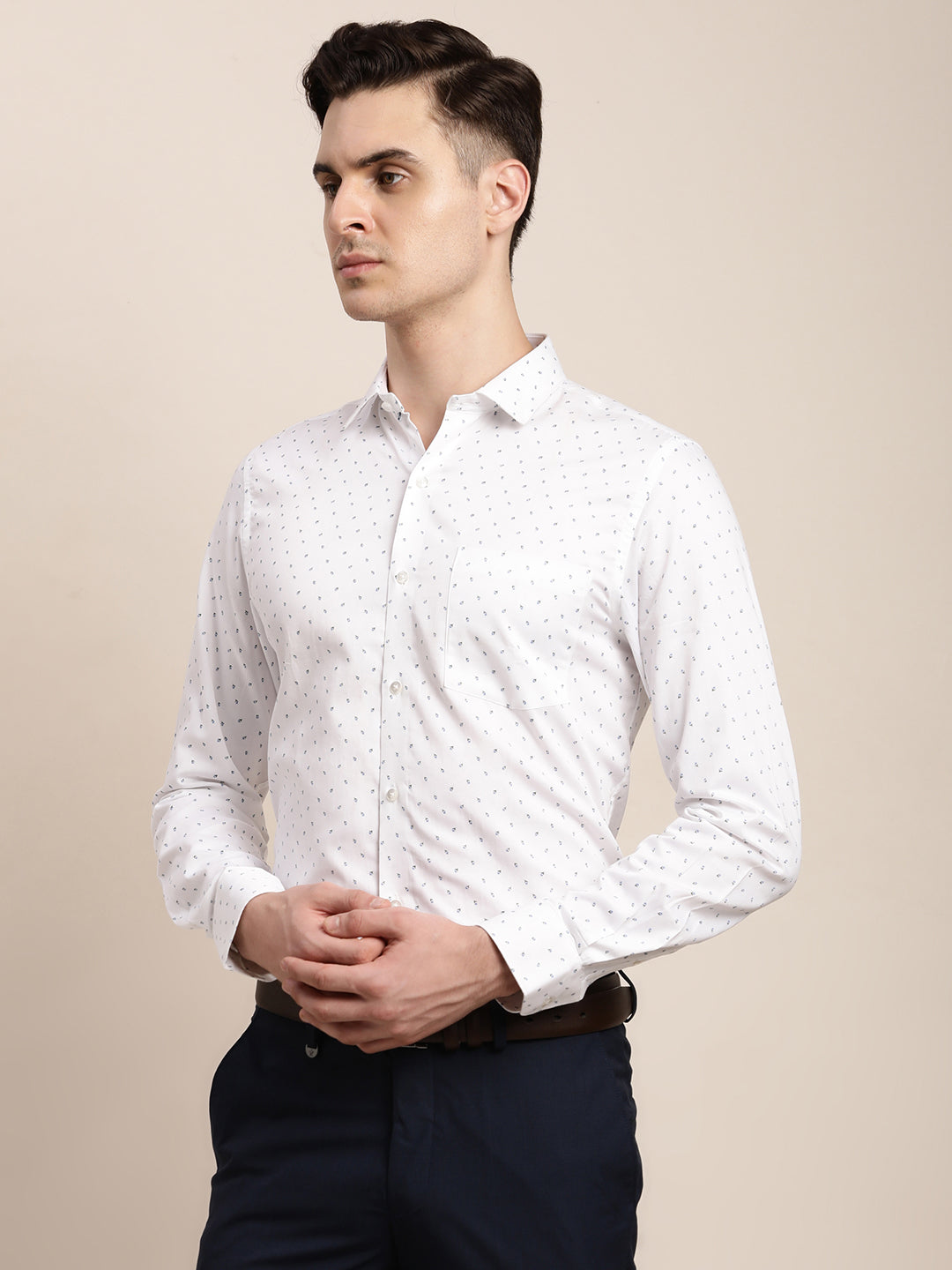 100% Cotton White Printed Slim Fit Full Sleeve Formal Shirt