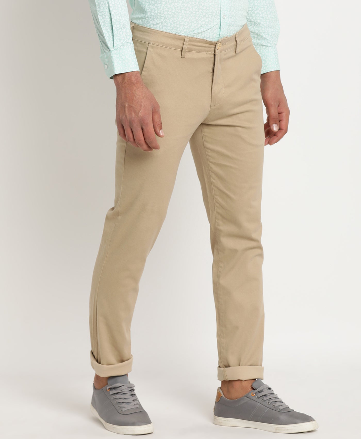 Cotton Stretch Beige Dobby Ultra Slim Fit Flat Front Casual Trouser