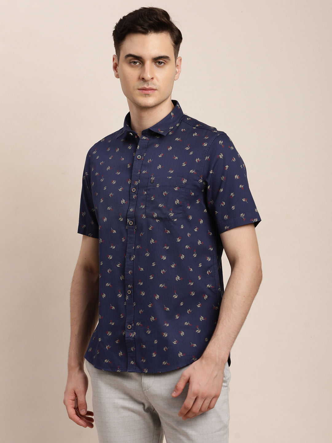 100% Cotton Blue Printed Slim Fit Half Sleeve Casual Shirt