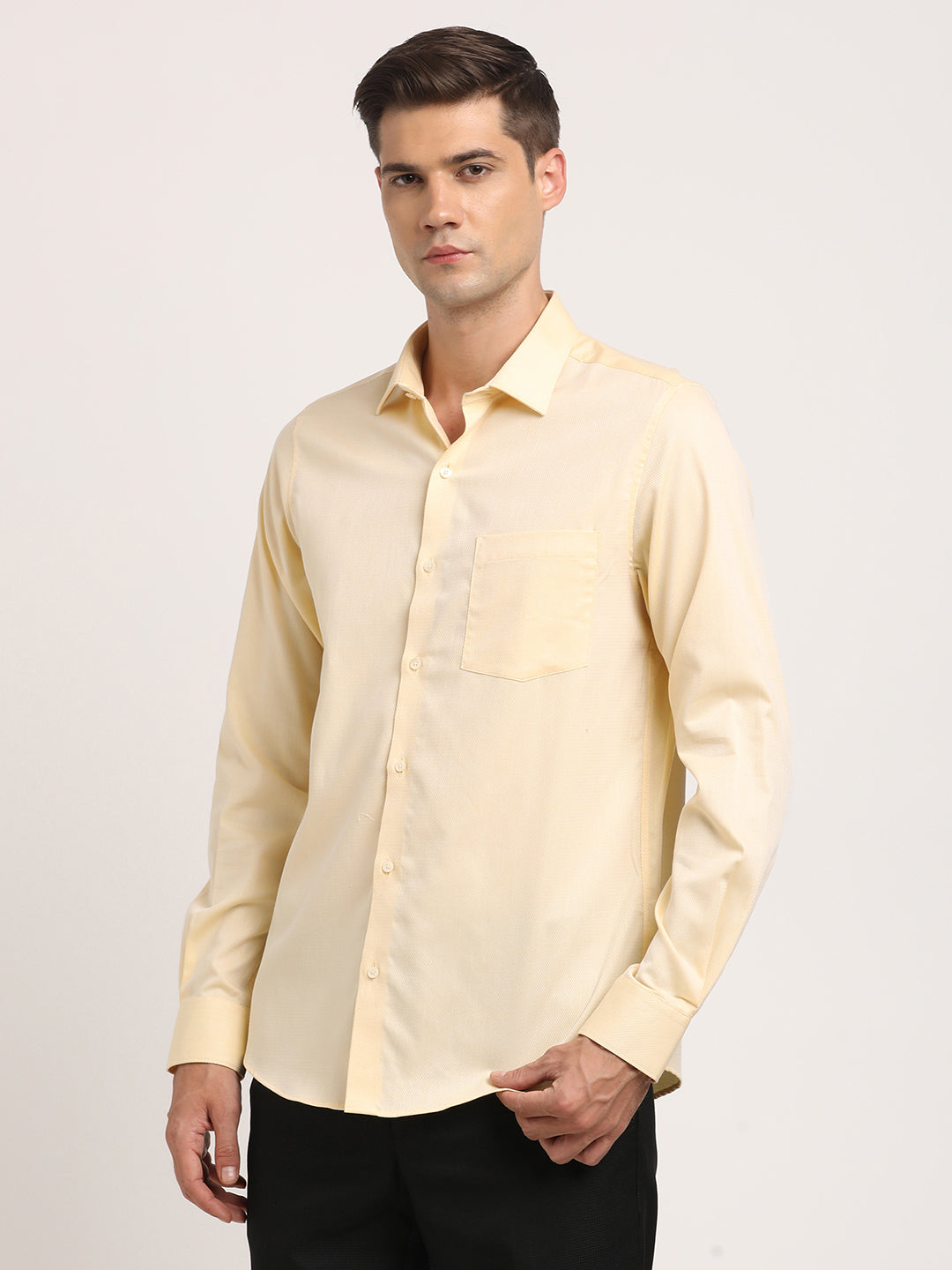 100% Cotton Yellow Dobby Slim Fit Full Sleeve Formal Shirt