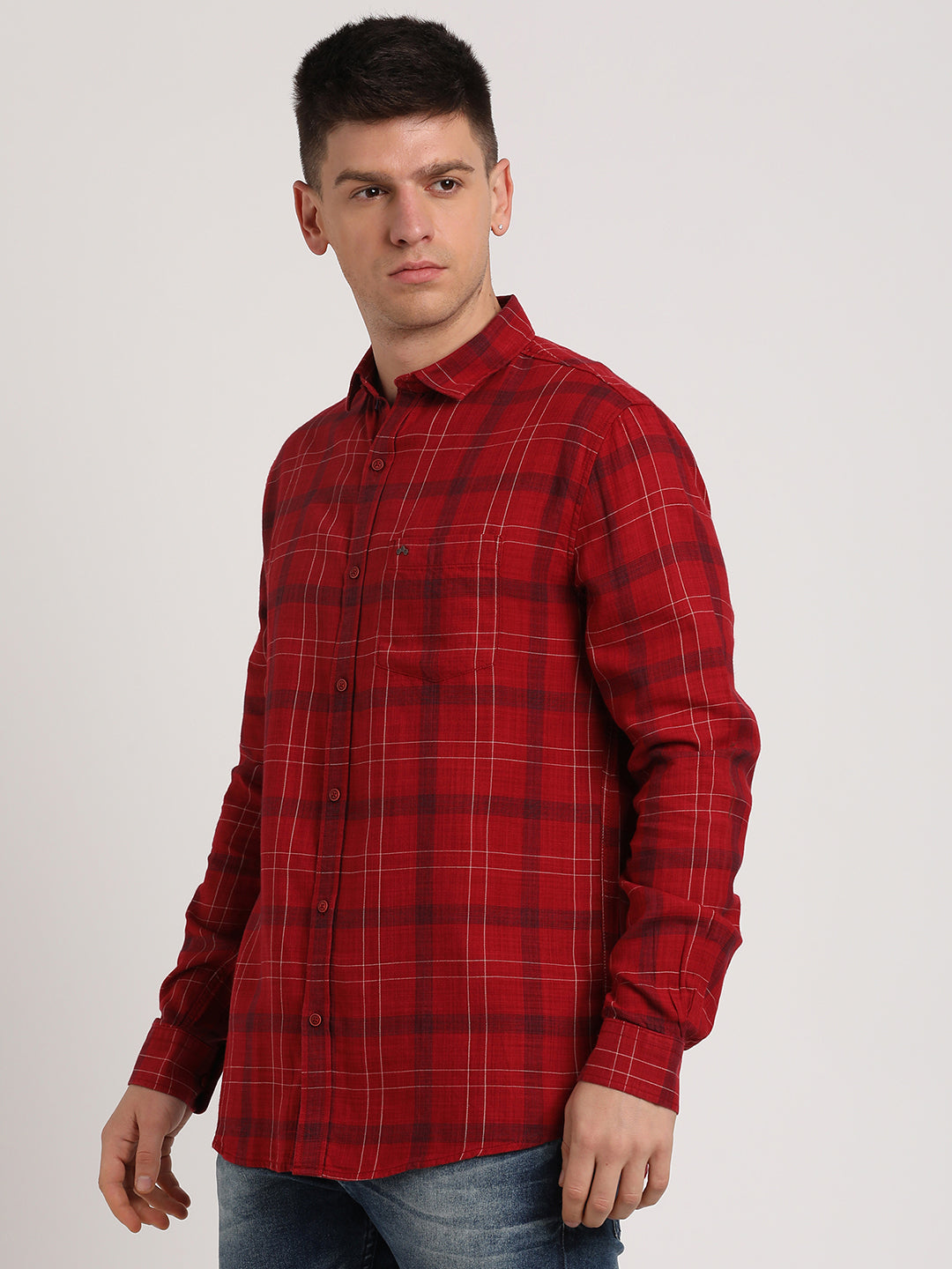 Cotton Lyocell Red Checkered Slim Fit Full Sleeve Casual Shirt