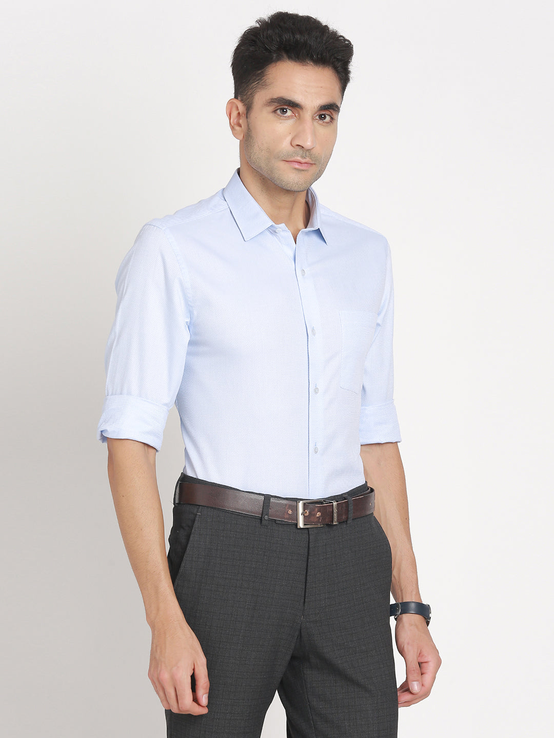 Giza Cotton Light Blue Dobby Slim Fit Full Sleeve Formal Shirt