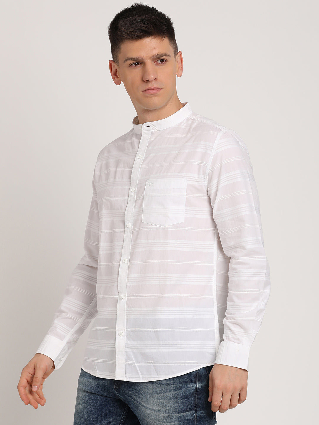 100% Cotton White Striped Slim Fit Mandarin Collar Casual Shirt