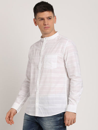 100% Cotton White Striped Slim Fit Mandarin Collar Casual Shirt