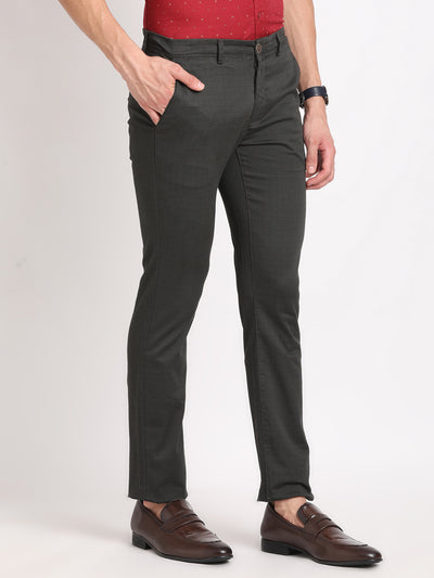 Cotton Stretch Dark Grey Printed Narrow Fit Flat Front Casual Trouser