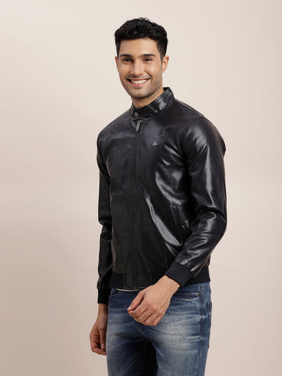 Polyurethane Solid Navy Zipper Windcheater Jacket