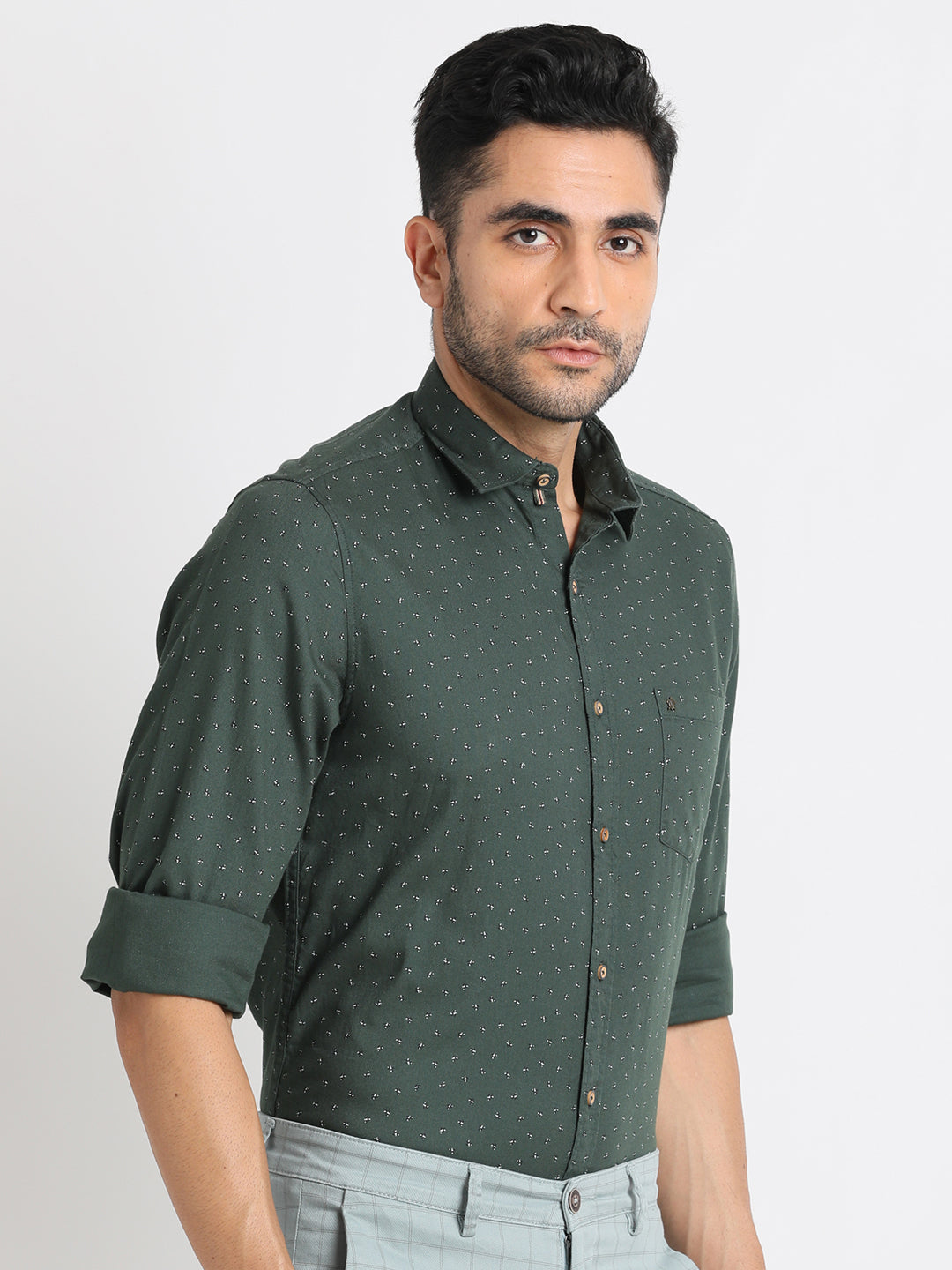 100% Cotton Olive Printed Slim Fit Full Sleeve Casual Shirt