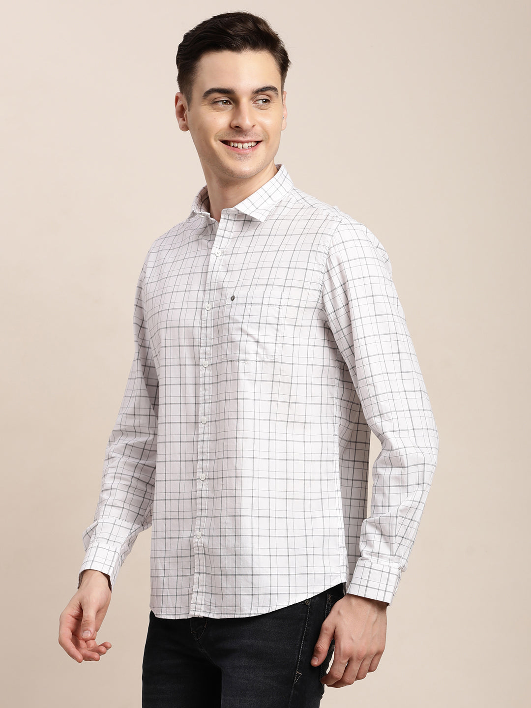 100% Cotton White Checkered Slim Fit Full Sleeve Casual Shirt