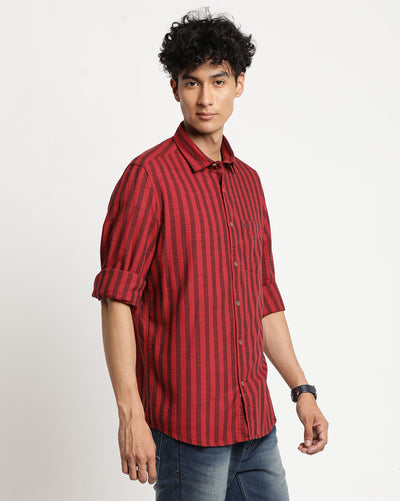 Cotton Melange Maroon Checkered Slim Fit Full Sleeve Casual Shirt