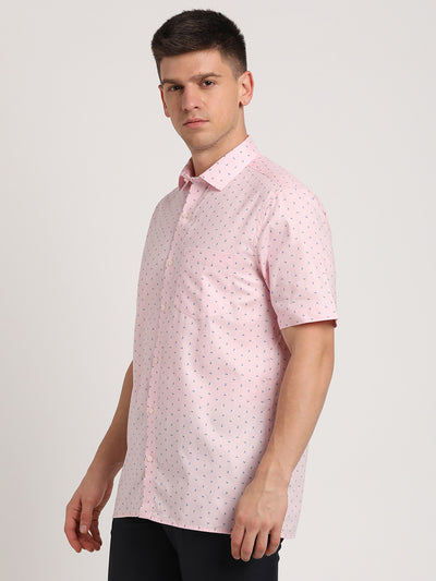 100% Cotton Pink Printed Regular Fit Half Sleeve Formal Shirt