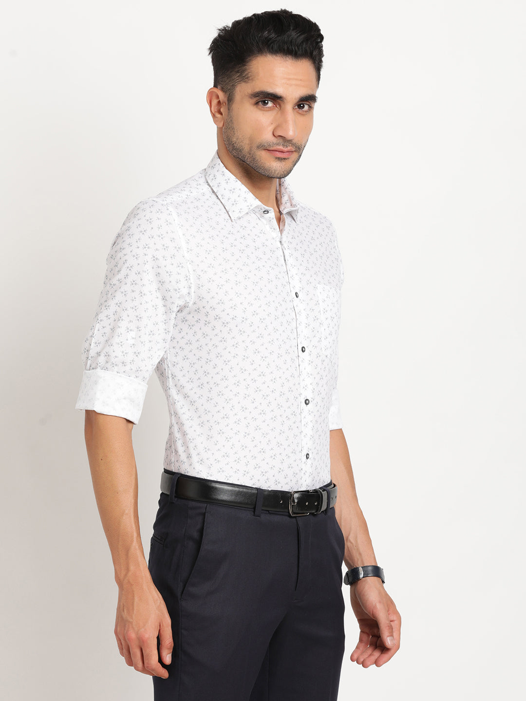 100% Cotton Off White Printed Slim Fit Full Sleeve Formal Shirt