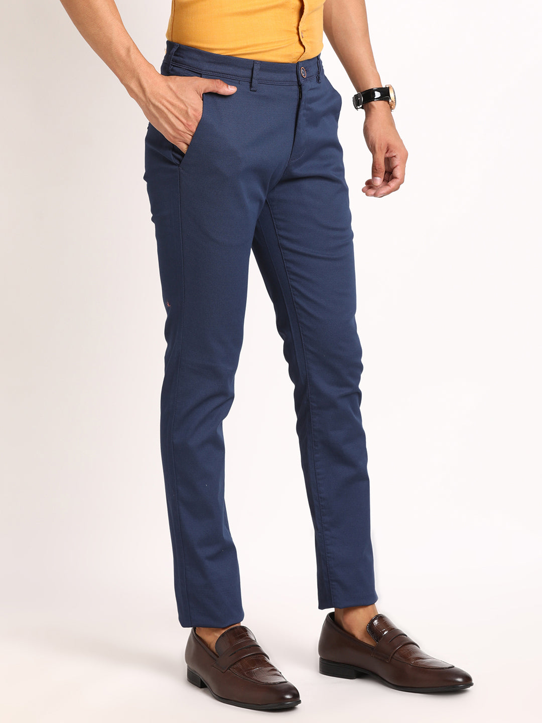 Cotton Stretch Blue Printed Narrow Fit Flat Front Casual Trouser
