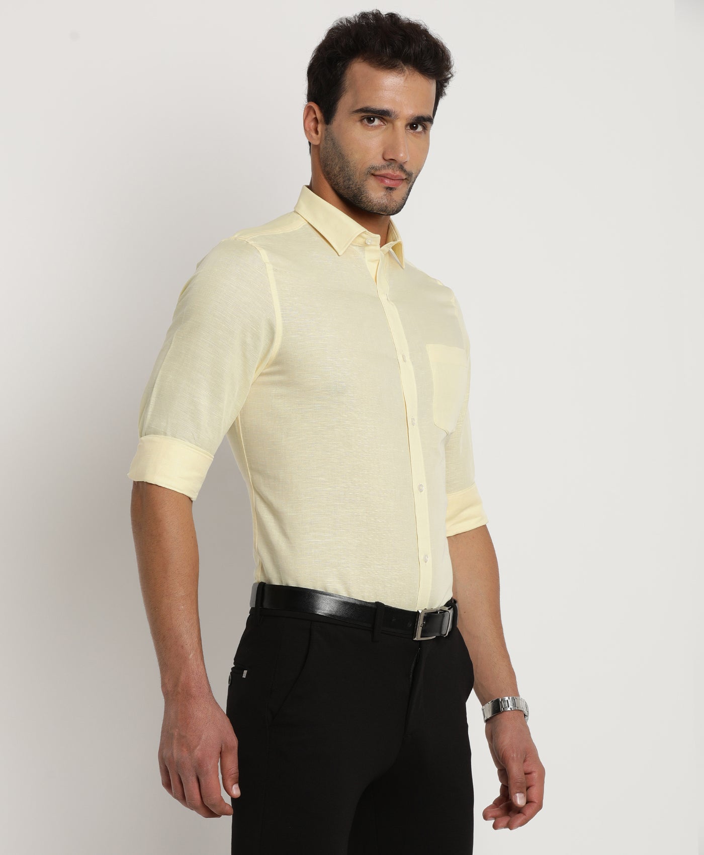 Cotton Linen Yellow Plain Regular Fit Full Sleeve Formal Shirt