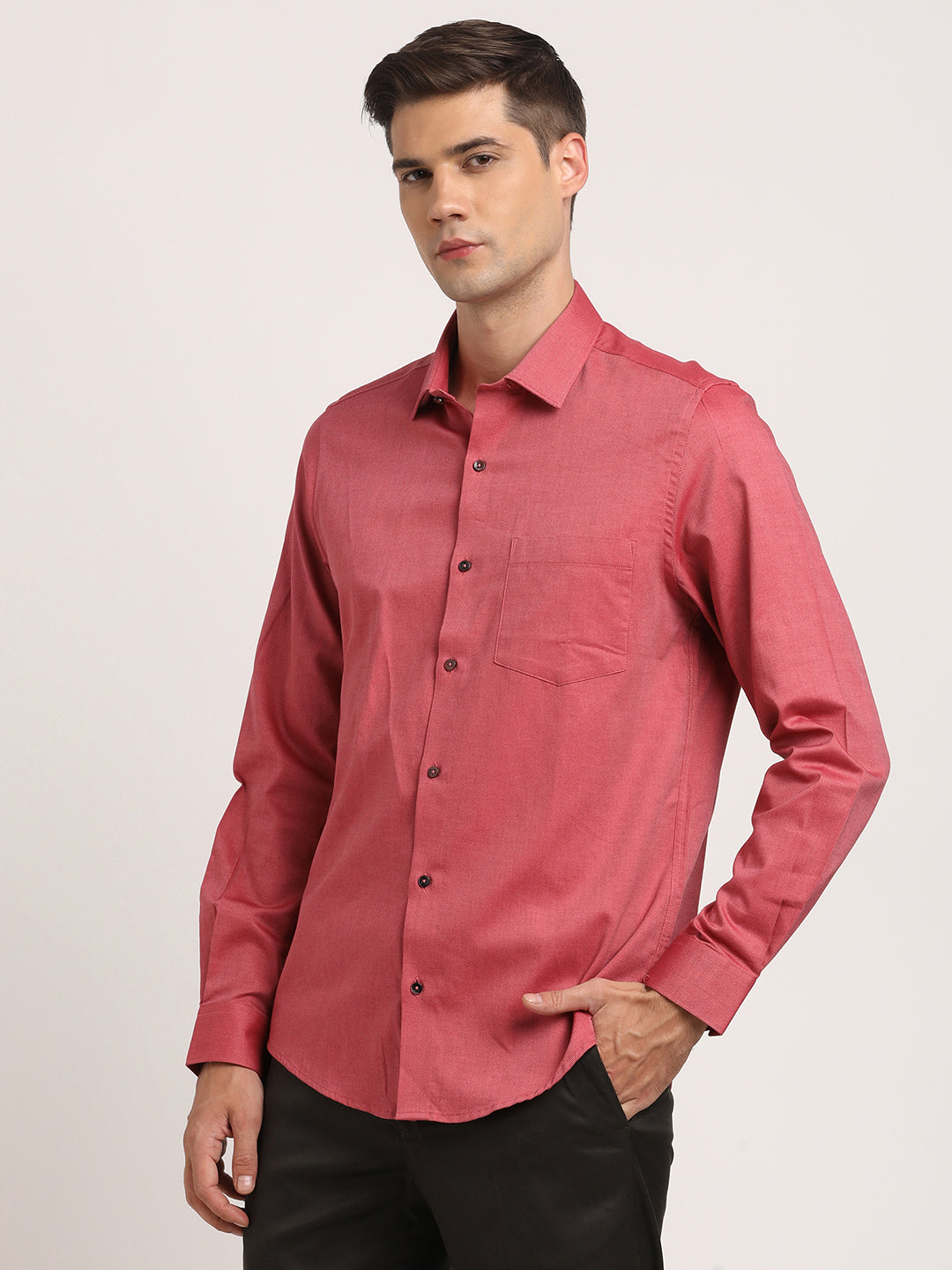 100% Cotton Brick Red Dobby Slim Fit Full Sleeve Formal Shirt