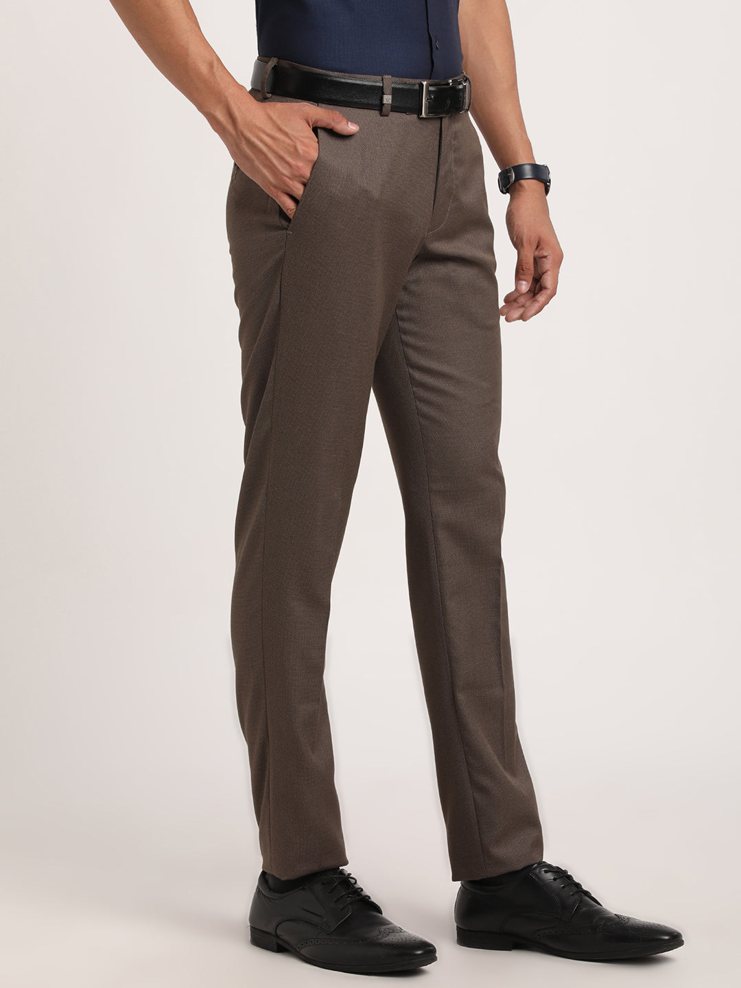 Turtle Men Viscose Rayon Brown Self Design Ultra Slim Fit Formal Trousers