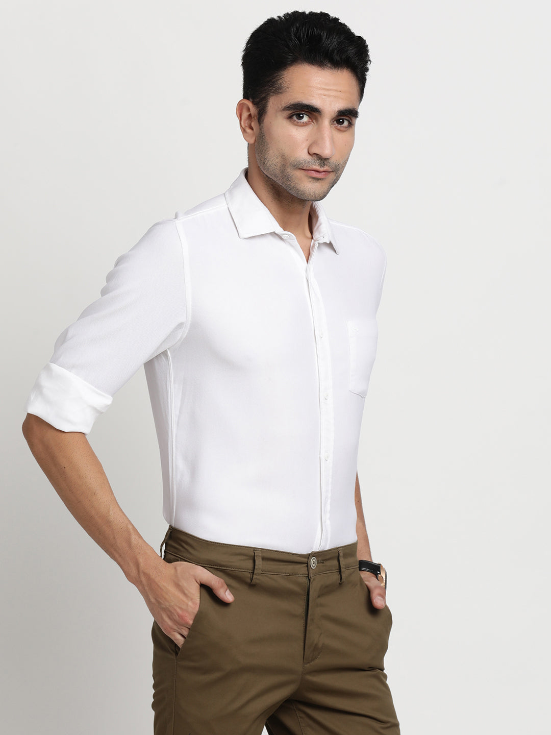 100% Cotton White Plain Slim Fit Full Sleeve Casual Shirt