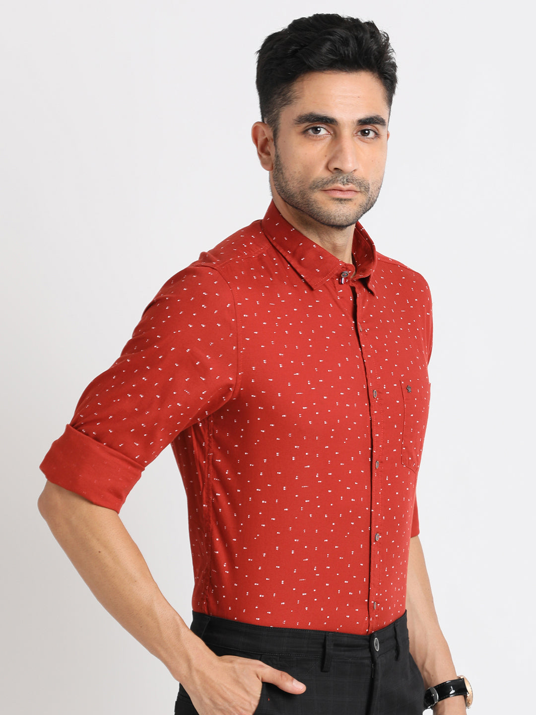 Cotton Stretch Red Printed Slim Fit Full Sleeve Casual Shirt