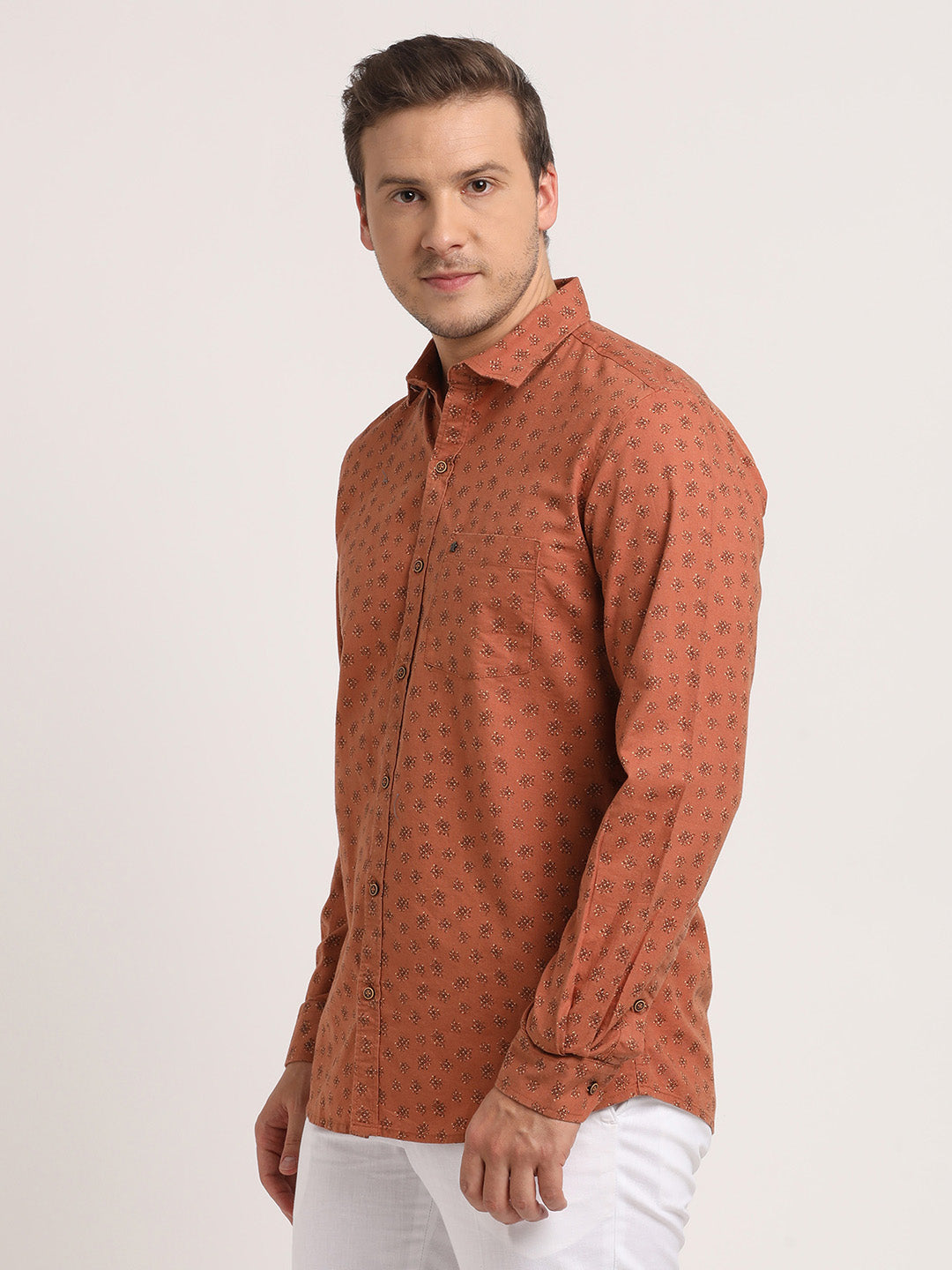 Cotton Linen Orange Printed Slim Fit Full Sleeve Casual Shirt