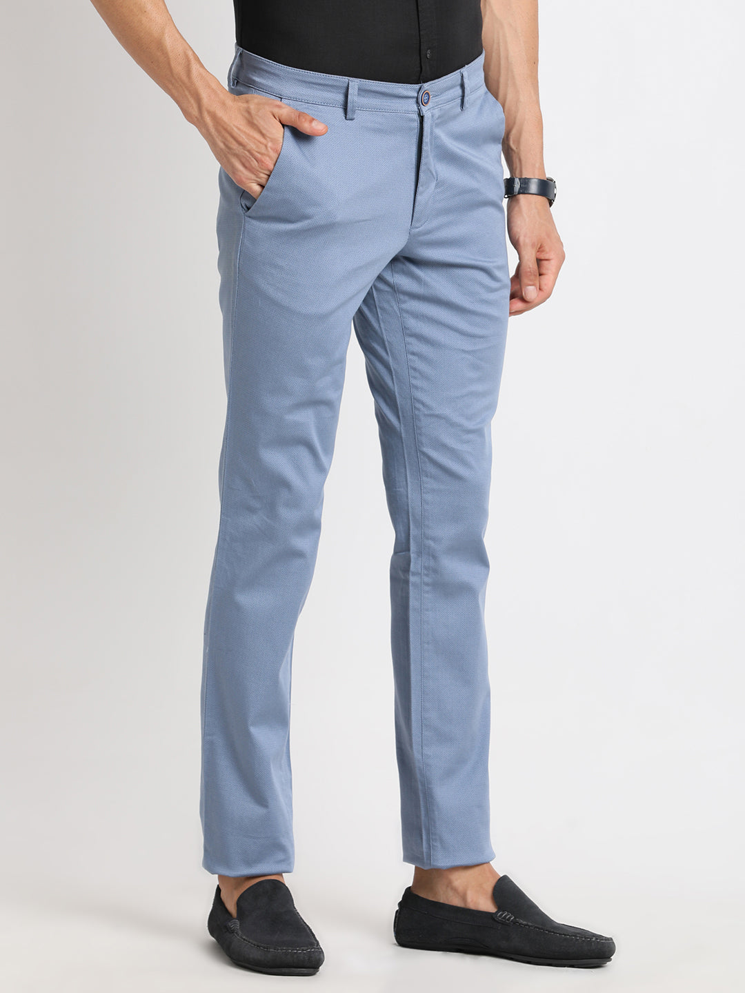 Cotton Stretch Light Blue Printed Narrow Fit Flat Front Casual Trouser