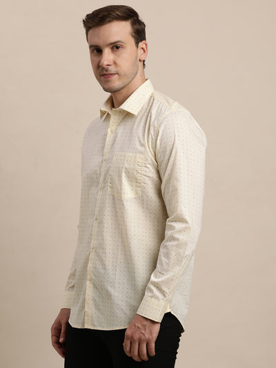 100% Cotton Cream Printed Slim Fit Full Sleeve Formal Shirt