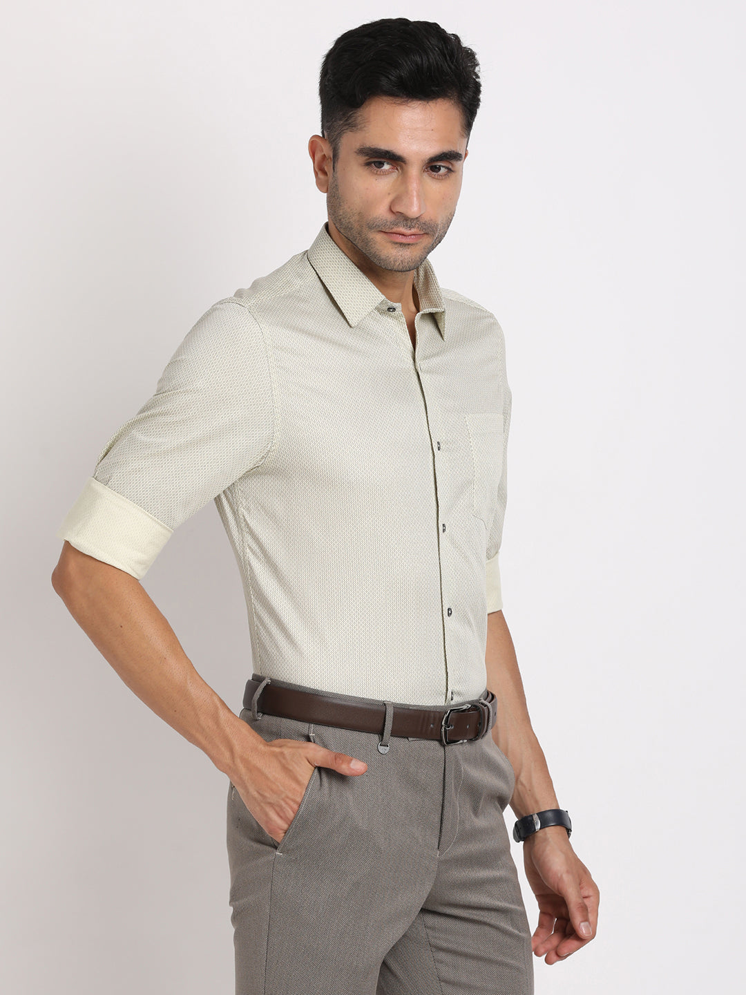 100% Cotton Beige Printed Slim Fit Full Sleeve Formal Shirt