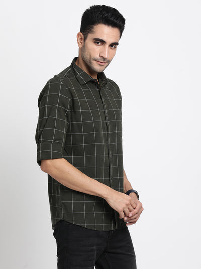 100% Cotton Olive Checkered Slim Fit Full Sleeve Casual Shirt