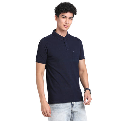 100% Cotton Navy Blue Striped Polo Neck Half Sleeve Casual T-Shirt