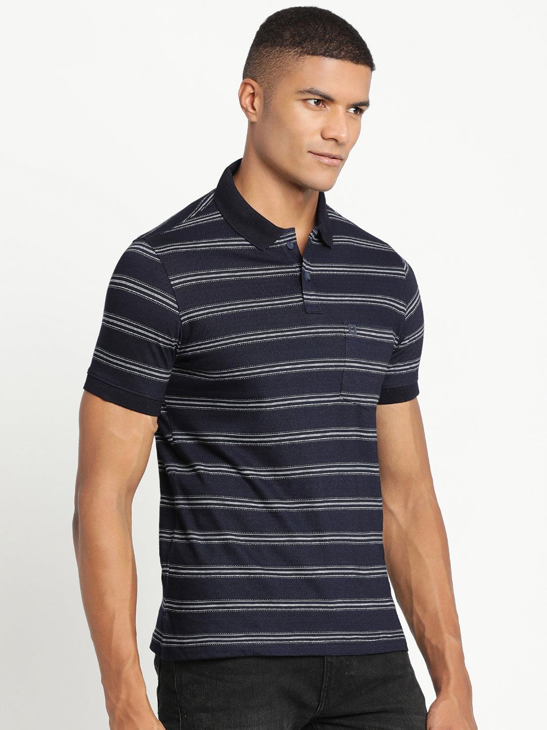 100% Cotton Indigo Navy Striped Polo Neck Half Sleeve Casual T-Shirt