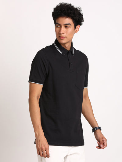 100% Cotton Black Plain Polo Neck Half Sleeve Casual T-Shirt
