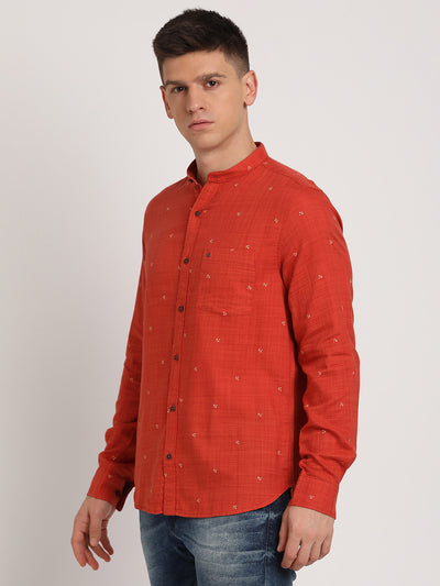 Cotton Lyocell Orange Printed Slim Fit Mandarin Collar Casual Shirt