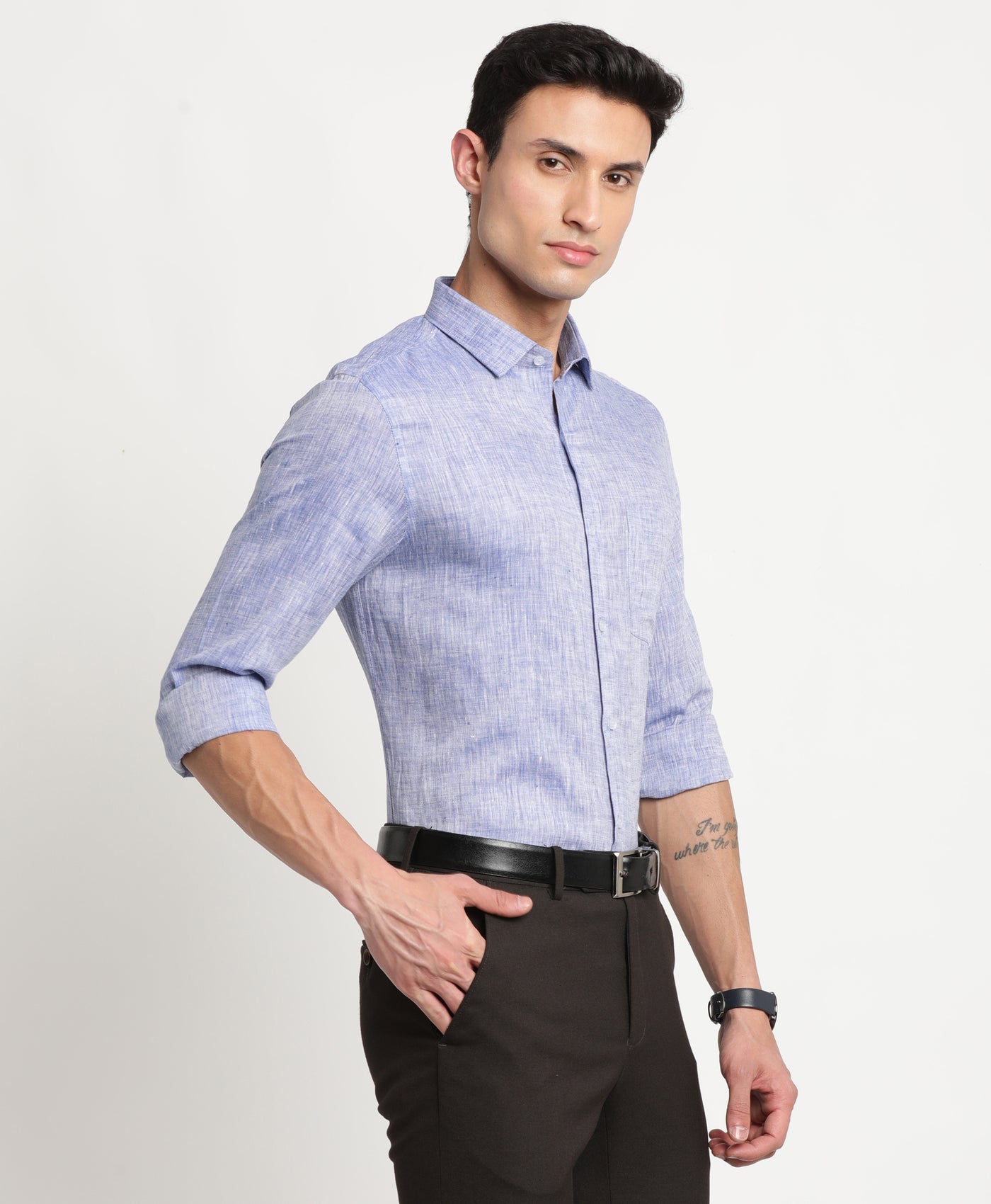 Pure Linen Light Blue Plain Slim Fit Full Sleeve Formal Shirt
